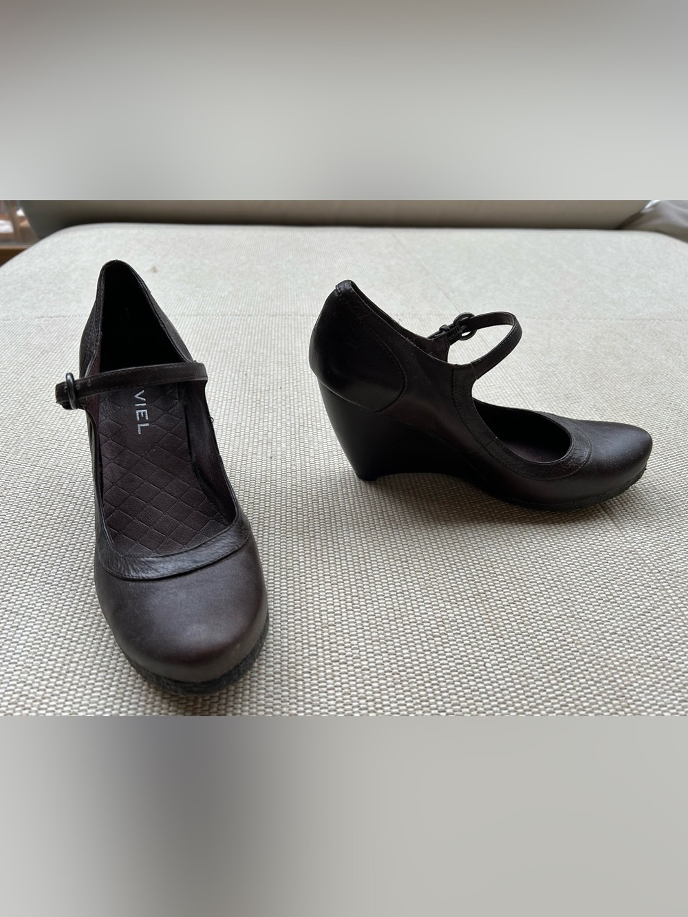 Biviel Chocolate Brown Mary Jane Wedge Pumps with Ankle Strap